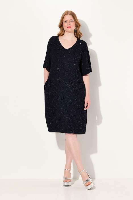 Midikleid, A-Linie, Glitter, V-Ausschnitt, 3/4-Arm