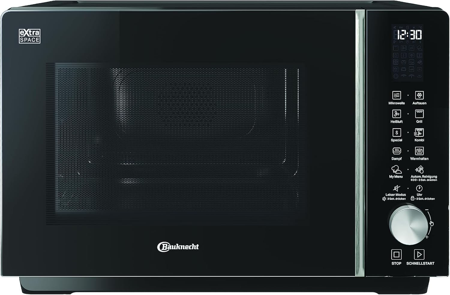 Bauknecht MF 255 B Mikrowelle/Extra Space-Ohne Drehteller/My Menu/Spezialprogramme/Dampfgaren inkl. Dampfgarbehälter/Heißluft/Quarz Grill/Auto Clean/Autom/Rezepte/ 25 L
