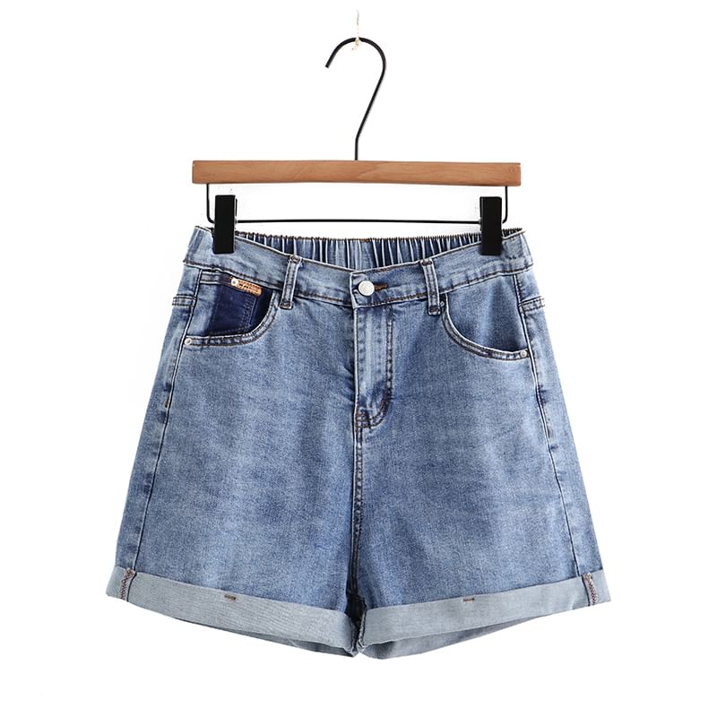 uliaque - Plus Size Elastische Taille Oprolbare Zoom Gewassen Denim Shorts
