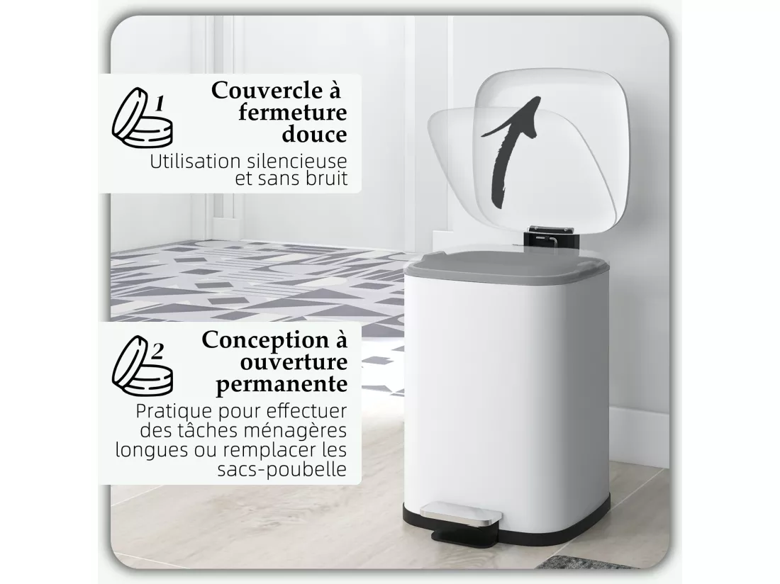 Poubelle de cuisine 12L - poubelle de salle de bain à pédale - seau amovible - métal blanc noir
