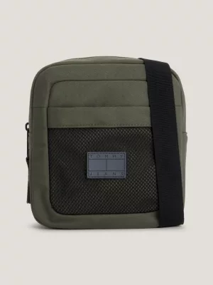 Bolsa de repórter reciclada com detalhes em tela