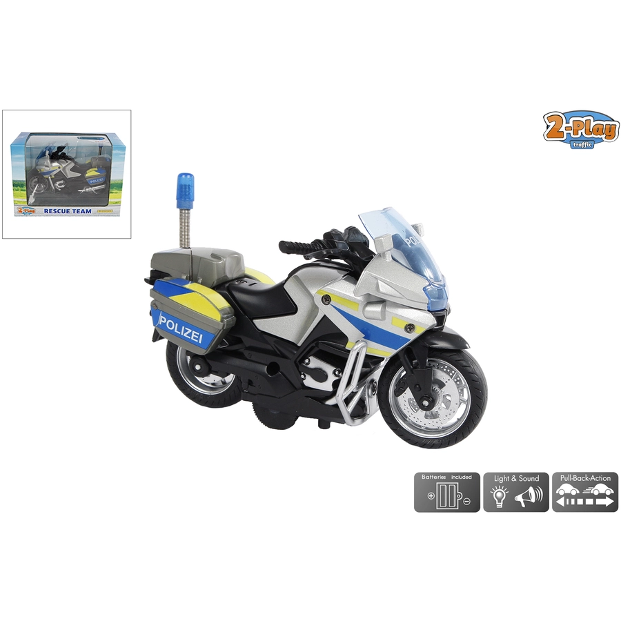 Kids Globe Farming Polizeimotorrad mit Licht + Sound mit Rückzugsmotor inkl. Batterien Blau, Silber Blau