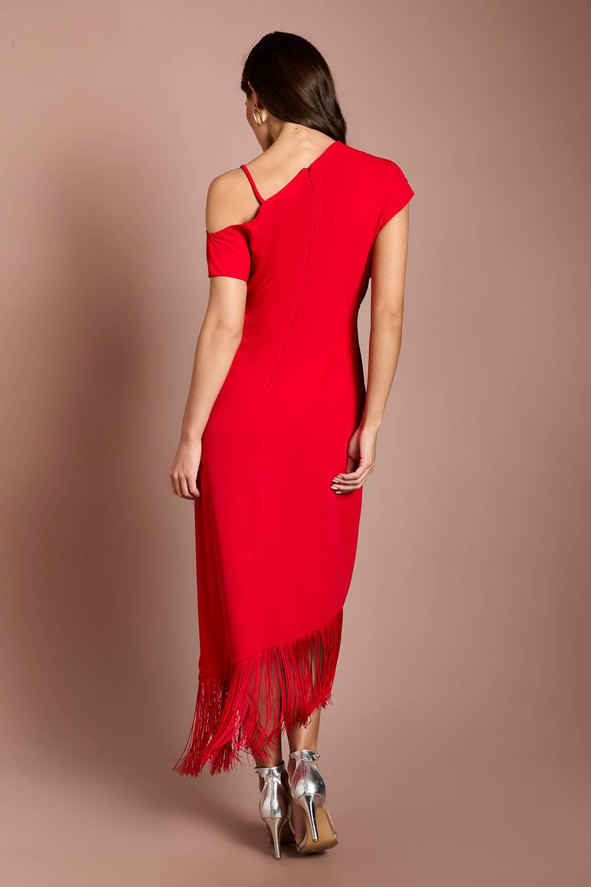Coast Robe Midi À Manches Drapées Avec Ourlet Asymétrique À Franges