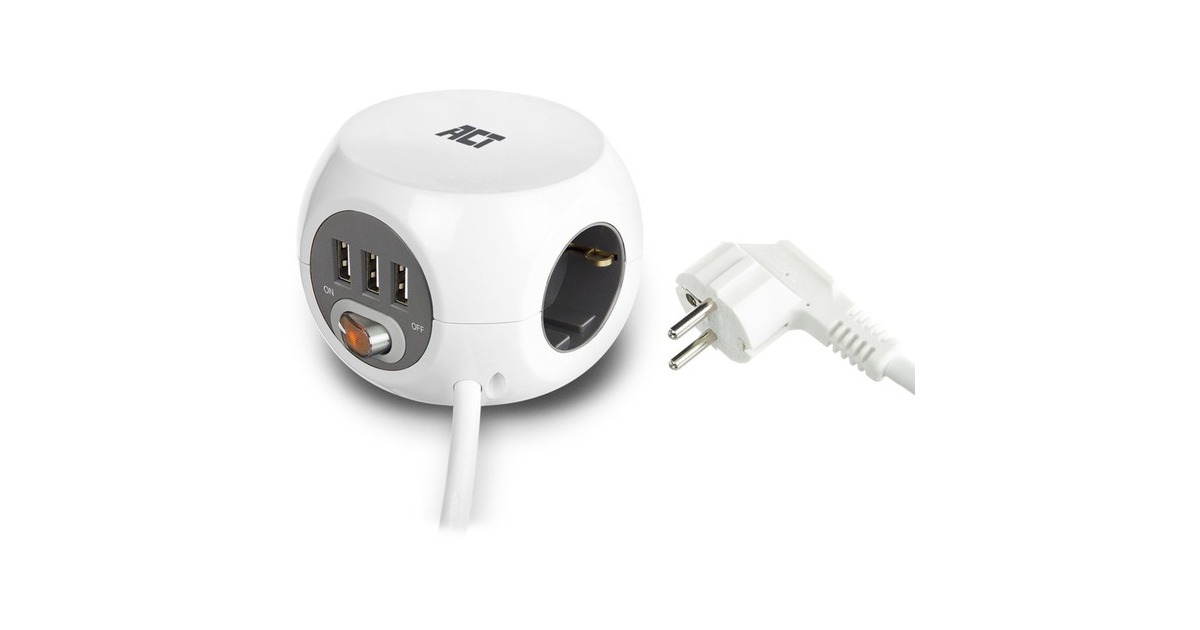 ACT ConnectivityVierkante stekkerdoos (PDU) met 3 sockets type F, 3 USB-A poorten, 1,5m  (Wit)