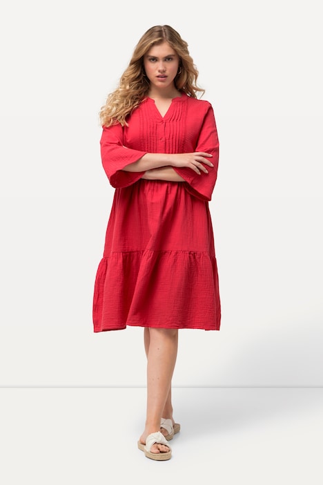 Musselin-Kleid, A-Linie, Tunika-Ausschnitt, 3/4-Arm