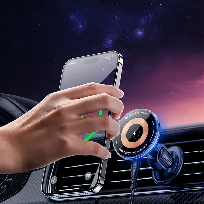 (15W) Auto KFZ Ladegerät MagSafe Handy Halterung für Lüftungsgitter Air Frame mit LED Beleuchtung Quick Charge 3.0 - Schwarz
