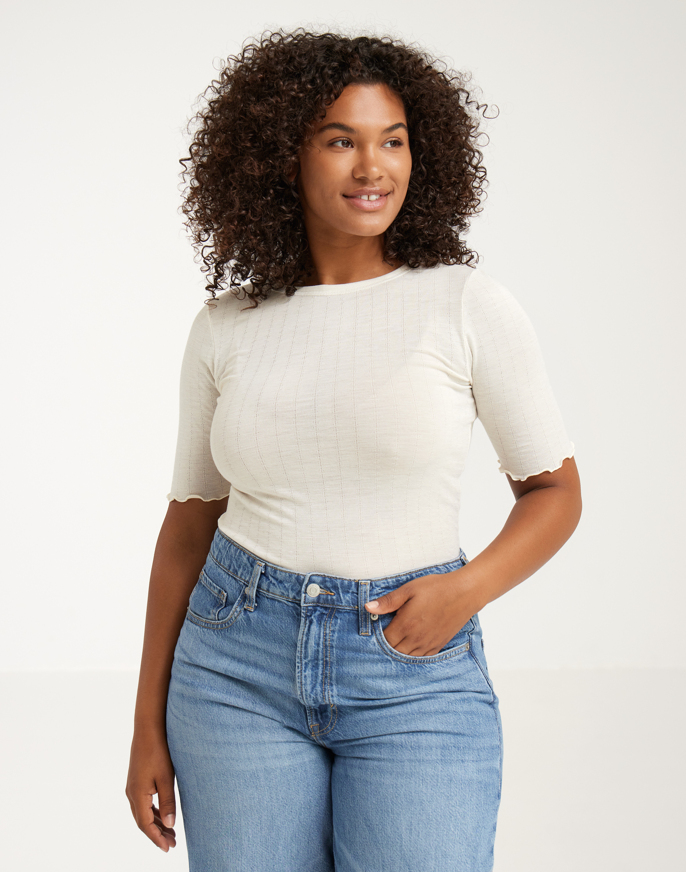 Pointelle T-shirt van merinowol/zijde voor dames