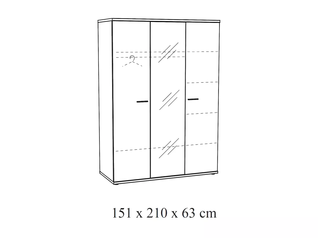 Armoire robuste avec miroir. 3 portes battantes 150cm collection OLGA coloris blanc effet bois