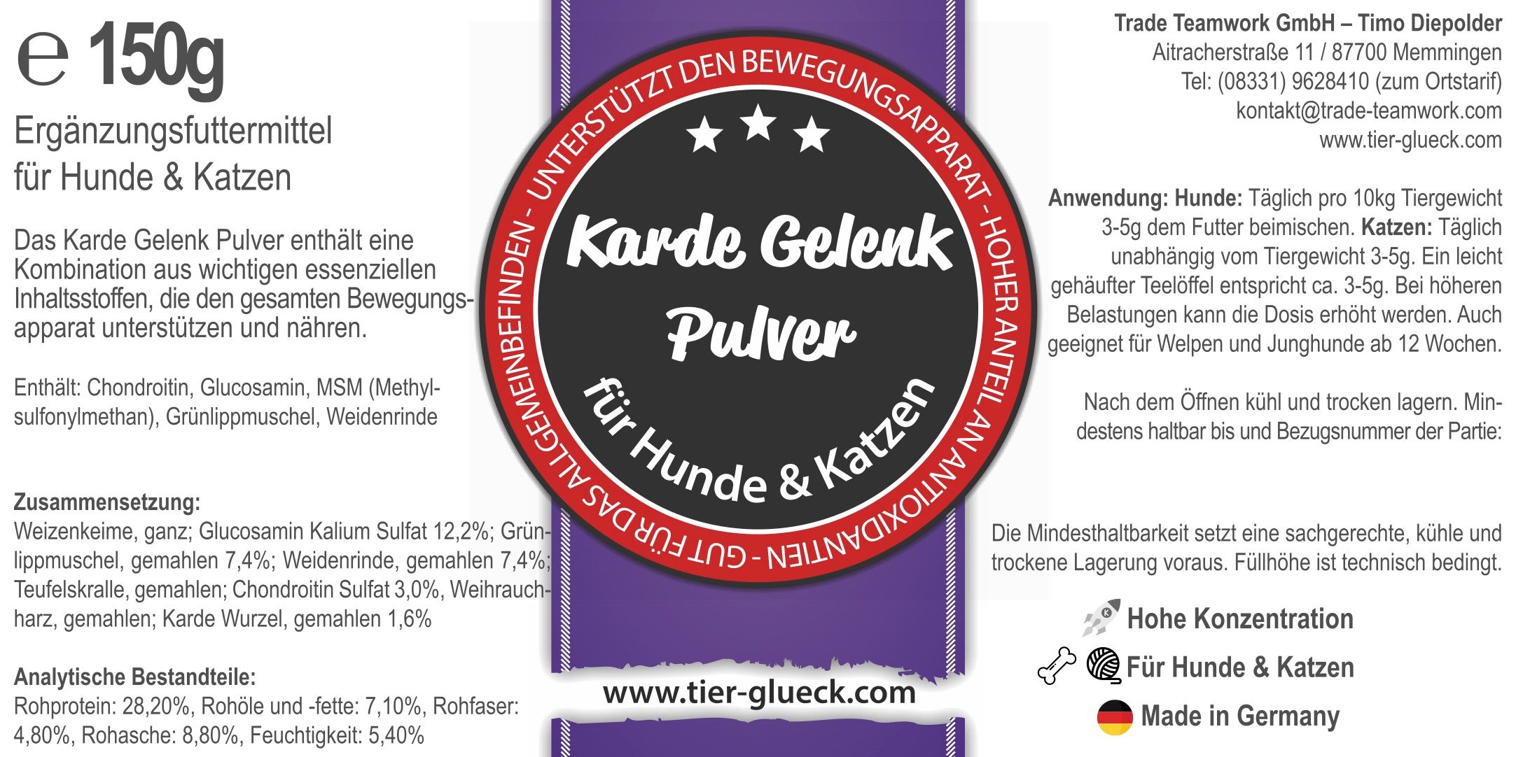 TierGlück Karde Gelenk Pulver mit Chondroitin für Katzen