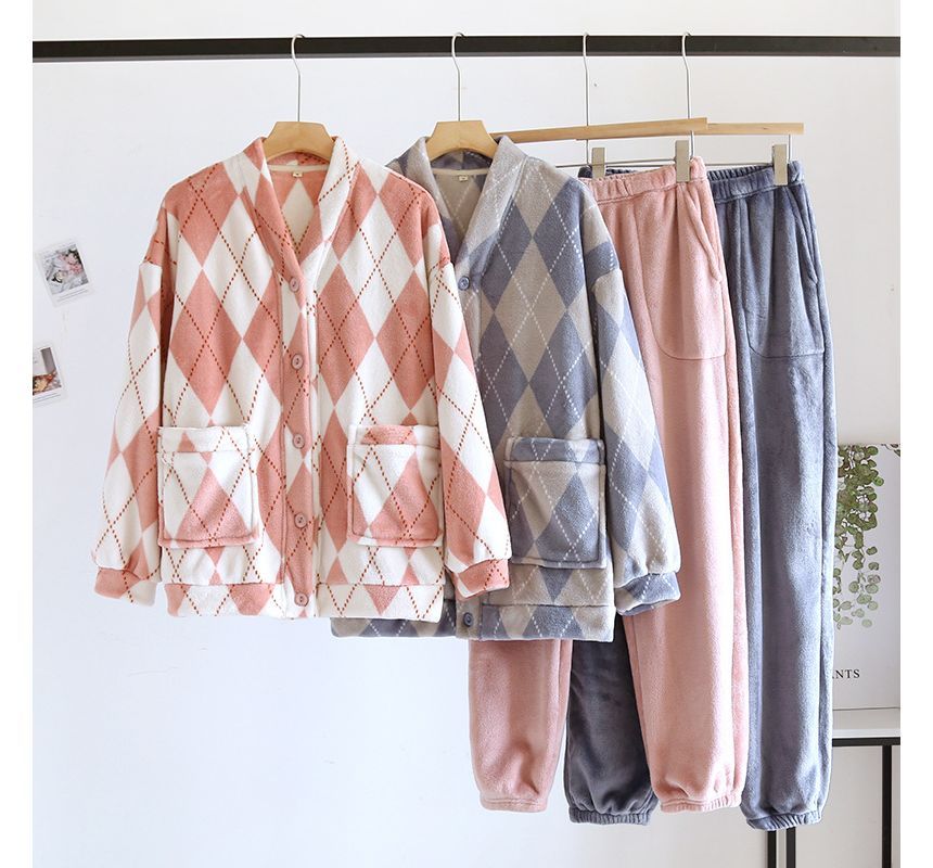 molpes - Koppel bijpassende pyjamaset: lange mouwen V-hals Argyle flanellen top met knopen + broek (verschillende ontwerpen)