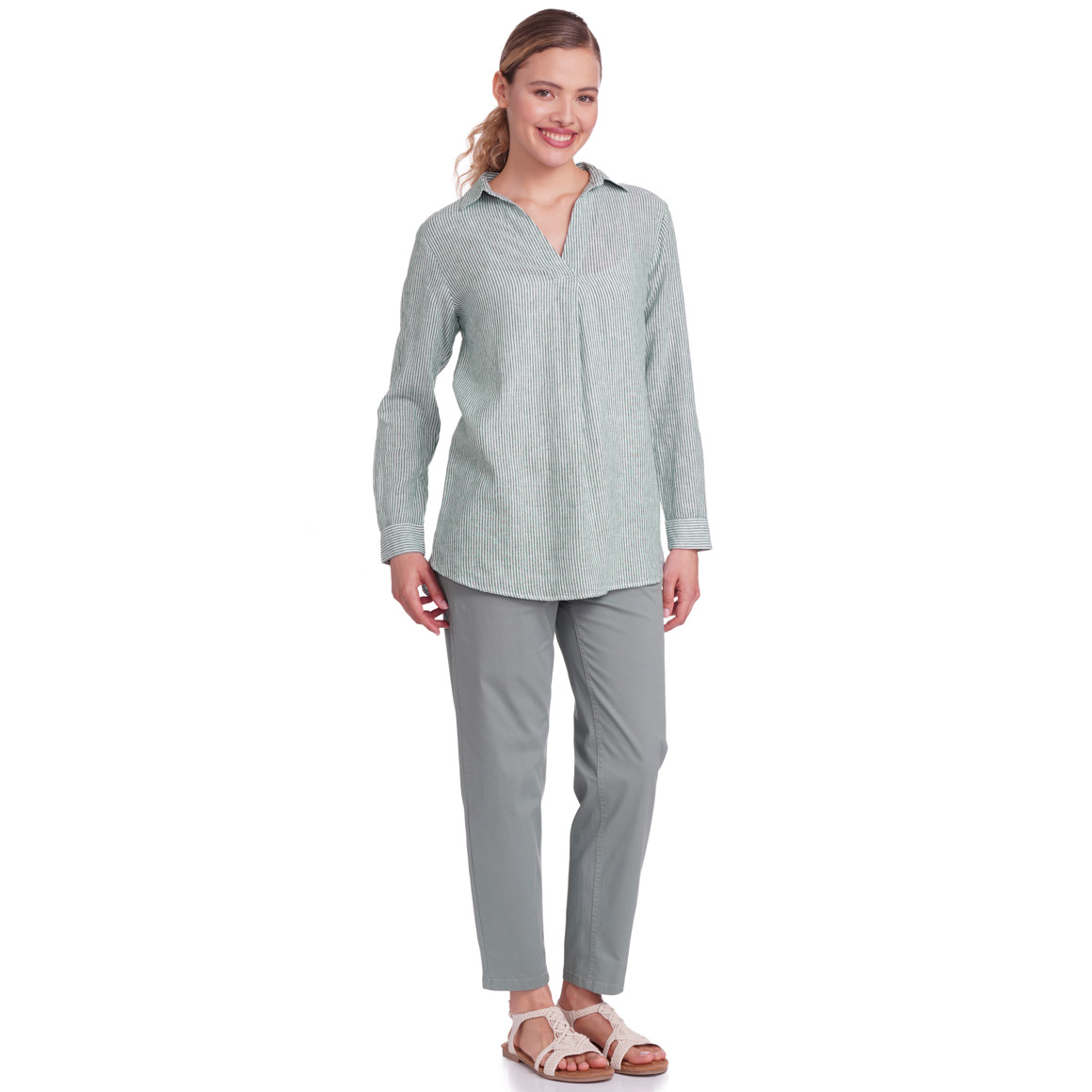 Gina Damen Leinen-Bluse mit V-Ausschnitt weiss / dunkelgrün