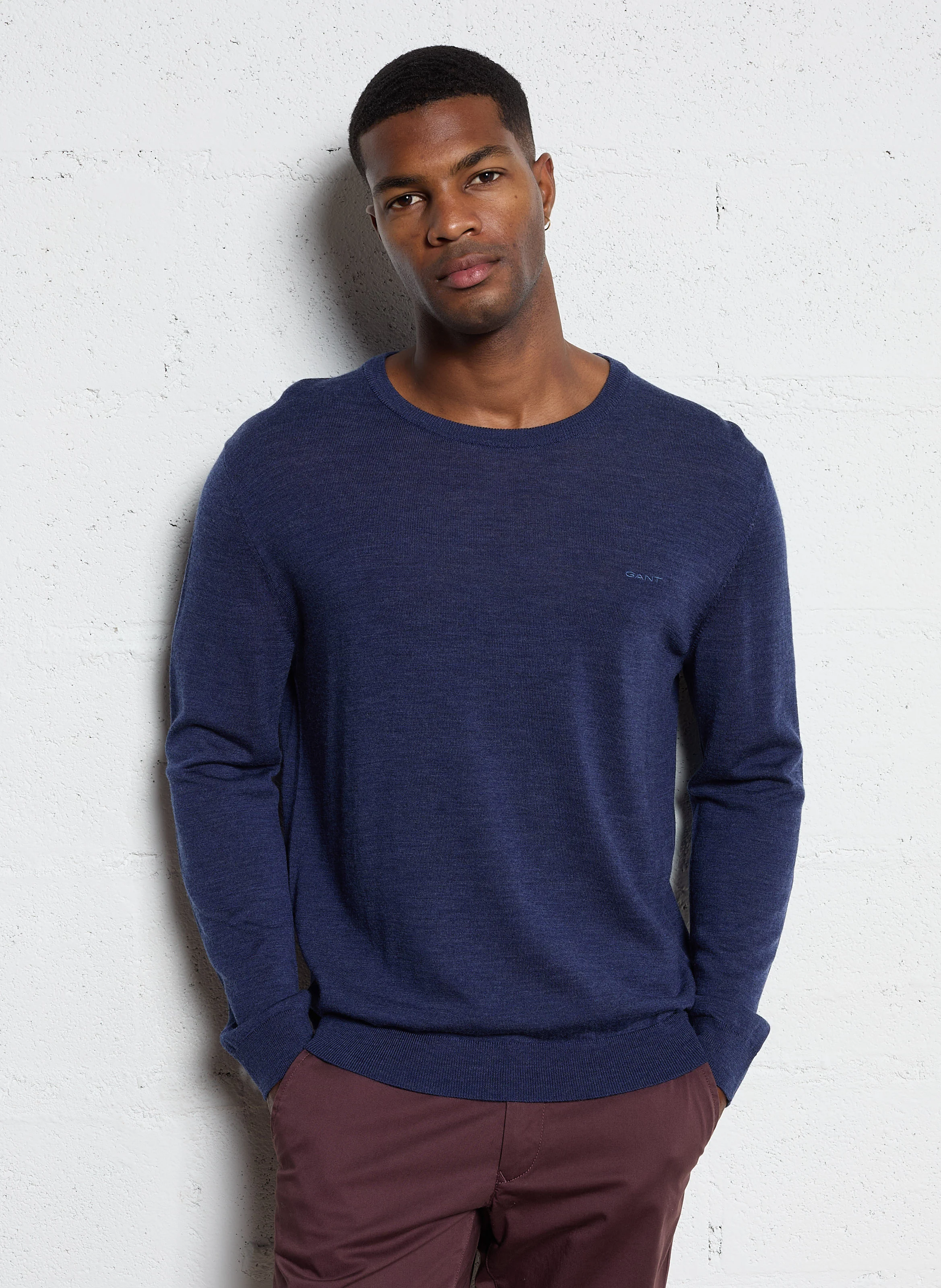 Pull fin col rond en laine| Bleu