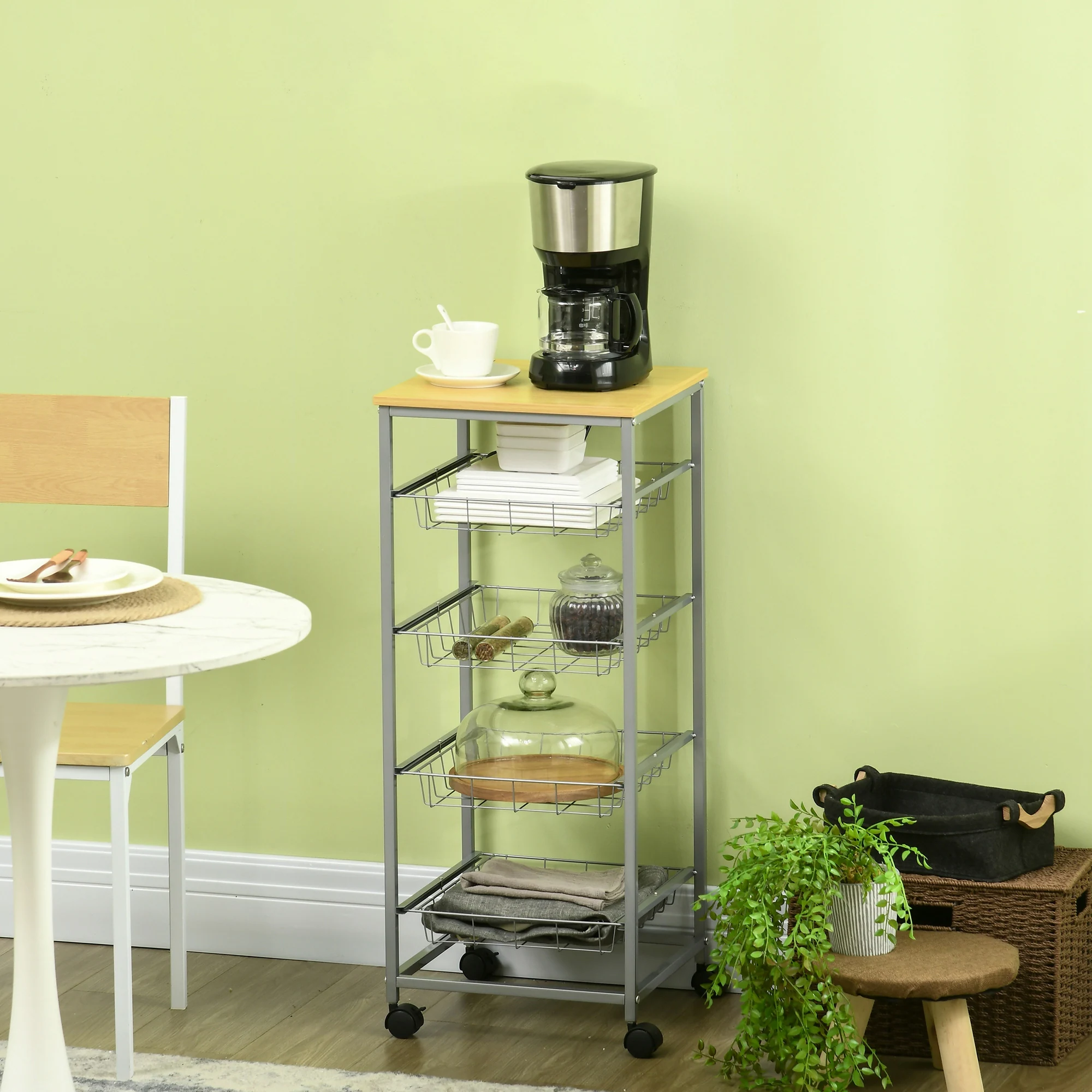 HOMCOM Küchenrollwagen silber, natur 36,5 x 36,5 x 89 cm (LxBxH)