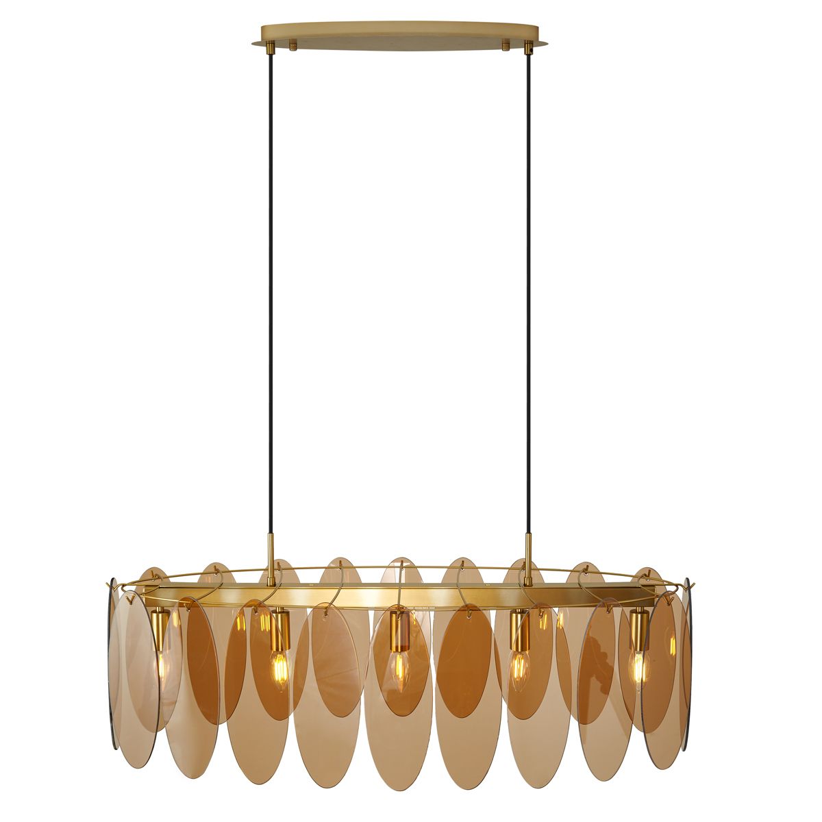 Art Deco hanglamp goud met amber glas ovaal 5-lichts - Mochan