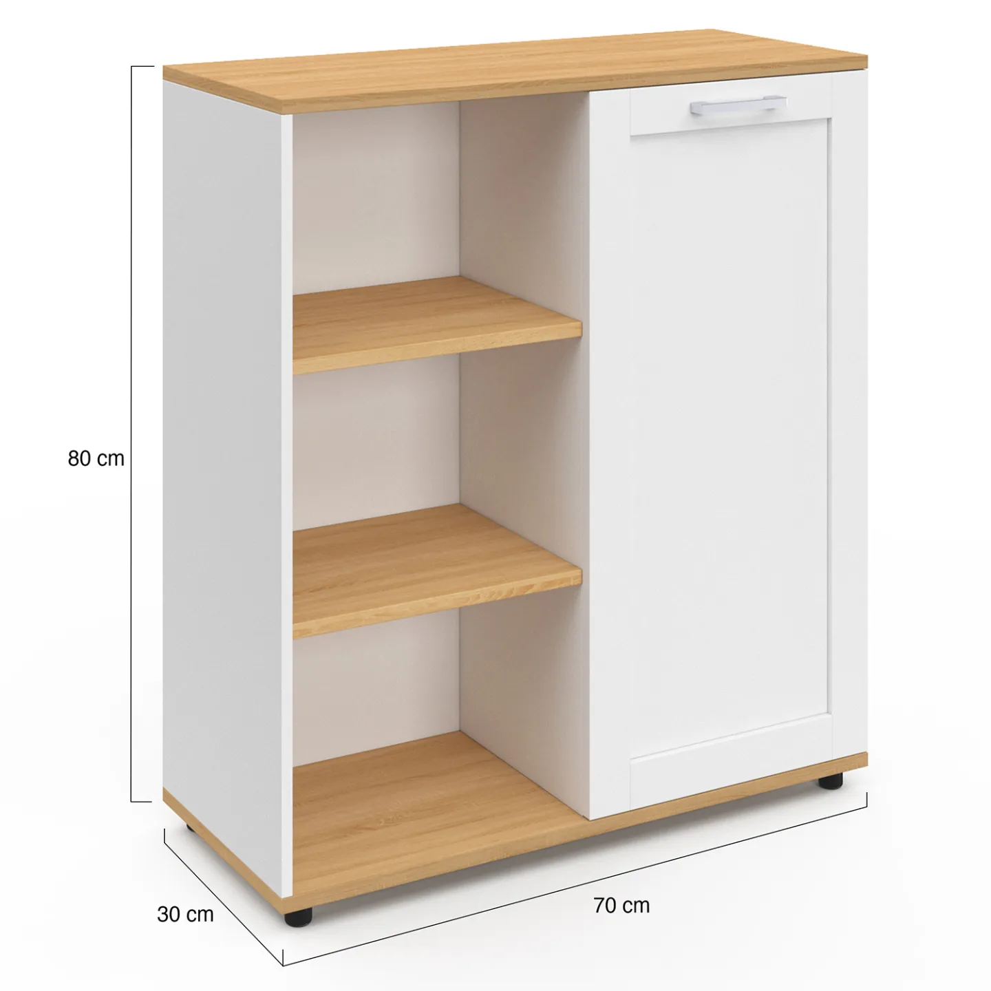 Buffet d'appoint 70 cm VITO 3 étagères et placard blanc et plateau bois
