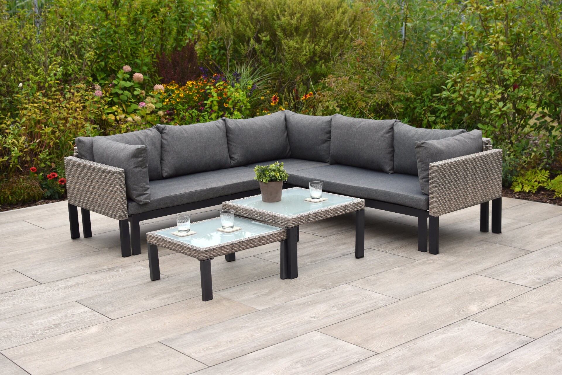 Merxx Lounge Set Amantea | Ecksofa doppelt ausziehbar, zwei Tische, Sitzkissen