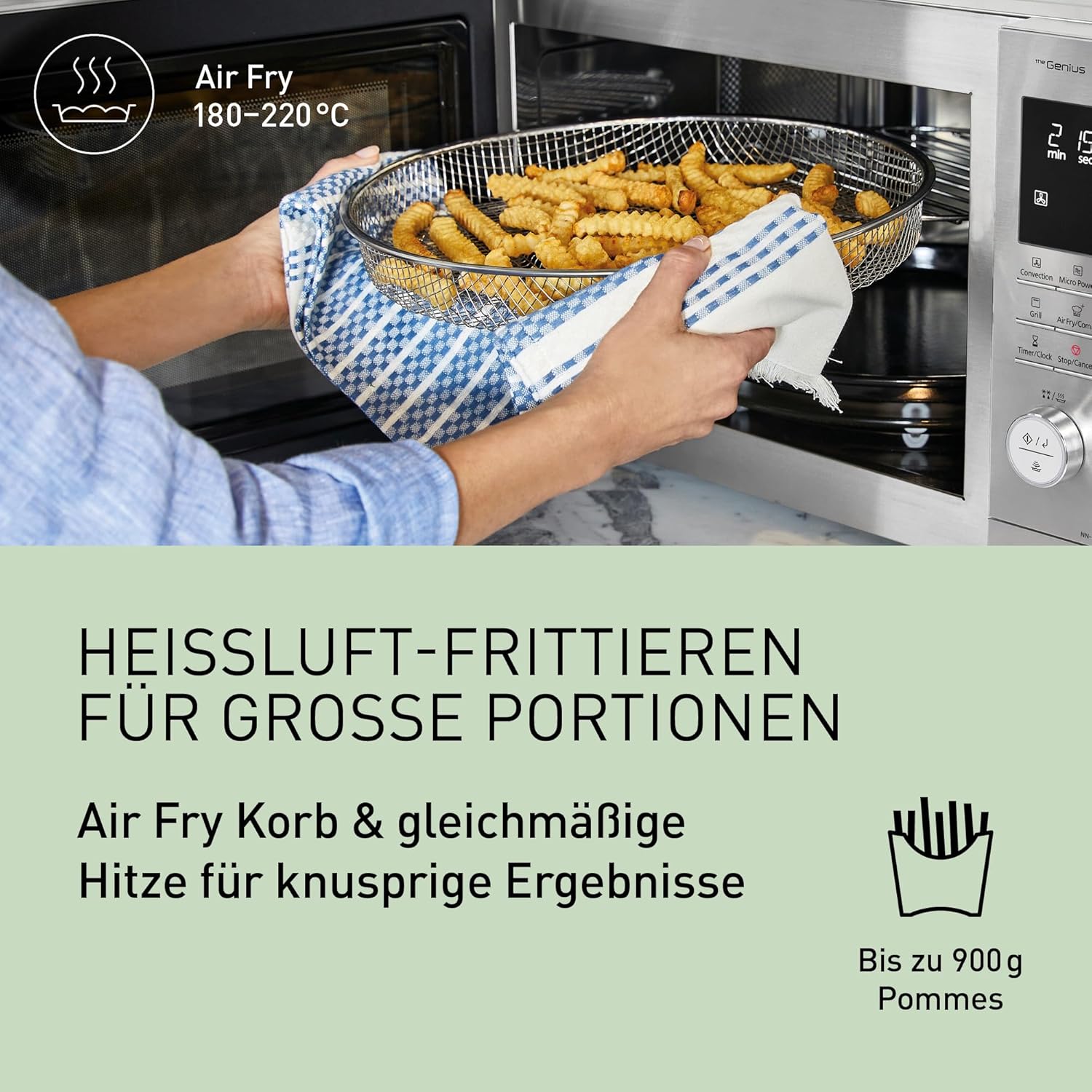 Panasonic NN-CD88QSEPG 34L Air Fryer Kombi-Mikrowelle mit Quarzgrill, 1000 W, automatisches Auftauen, Genius Sensor, Edelstahl, Silber