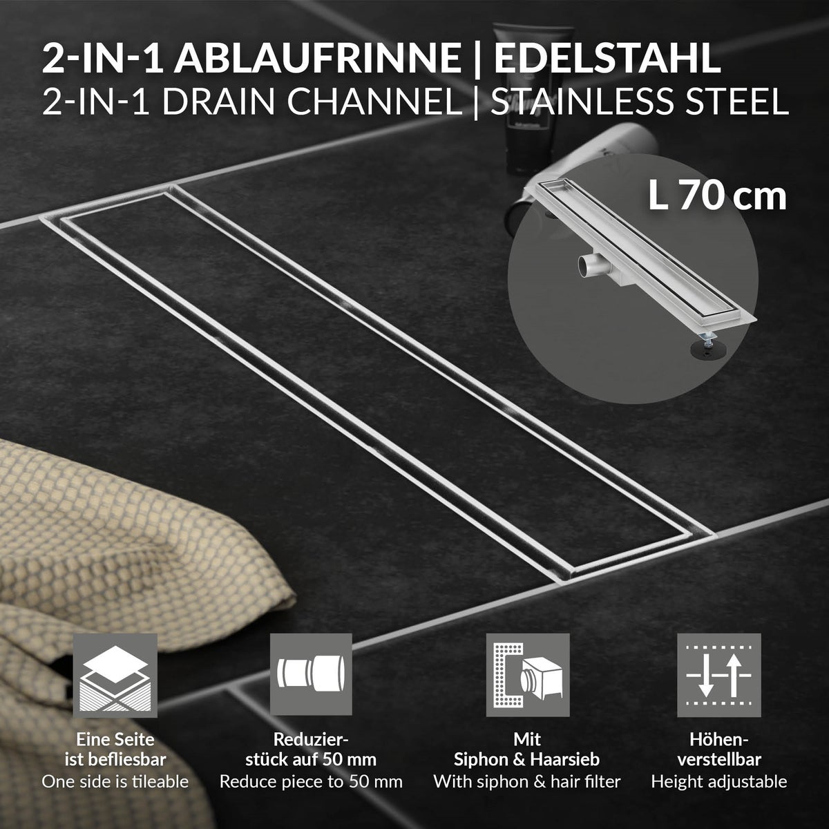 LuxeBath Doucheafvoer 70cm 2in1, betegelbaar, extra vlak, RVS, zilver, dubbelzijdige vloerafvoer, complete vloerinbouwset, doucheafvoer, sifon met stankafsluiter, haarzeef, douchegoot