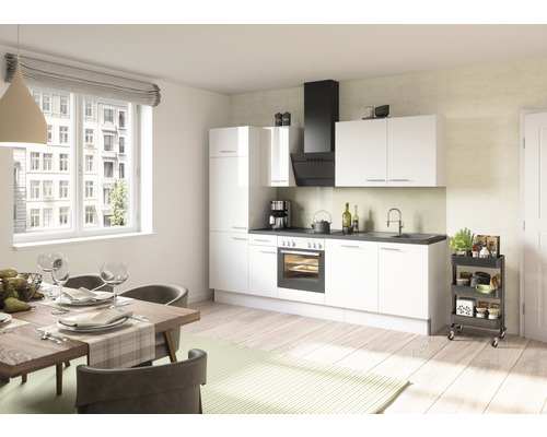 Optifit keukenblok met apparatuur Rurik986 270 cm wit glanzend gedemonteerde variant omkeerbaar KCRU 2708E-8+