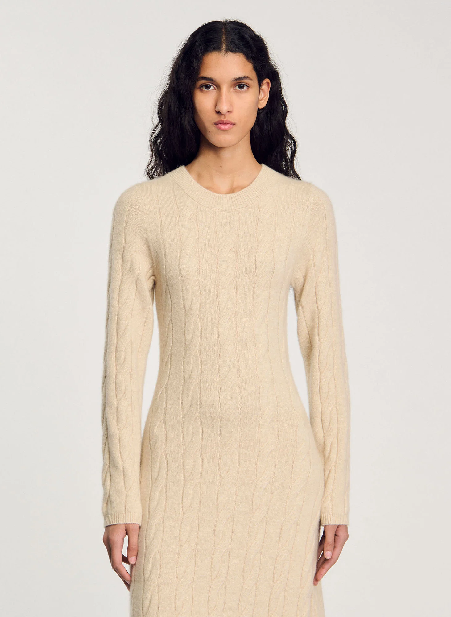 Robe longue col rond en laine mélangée | Beige