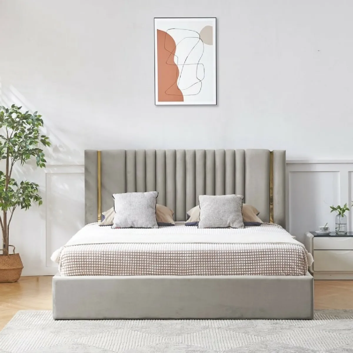 MEUBLER DESIGN Lit Coffre Kaufman - Velours Gris 180x200 cm