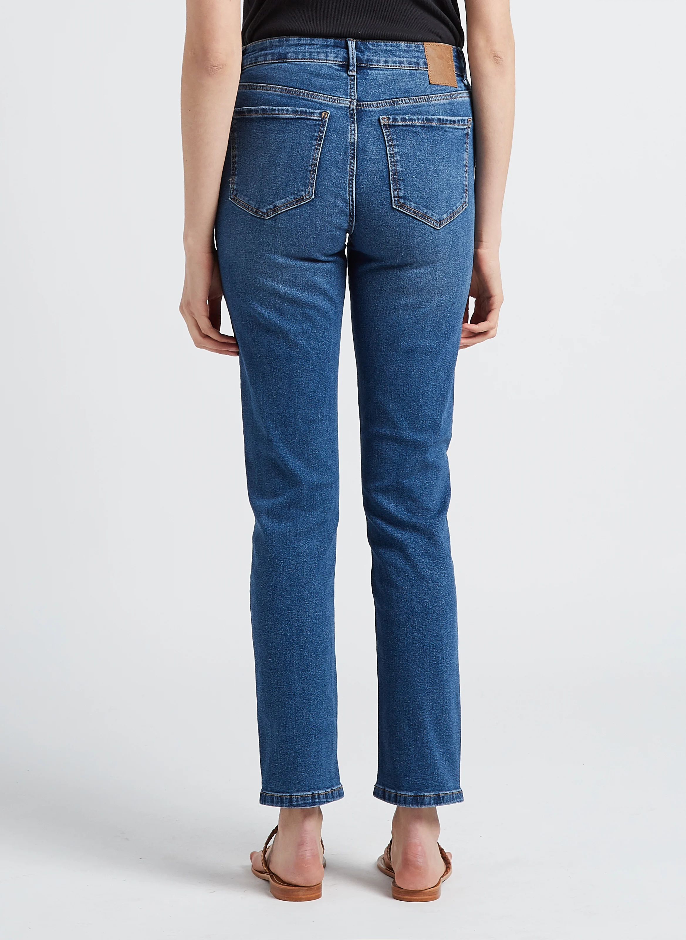 Jean droit taille mi-haute en denim de coton| Bleu