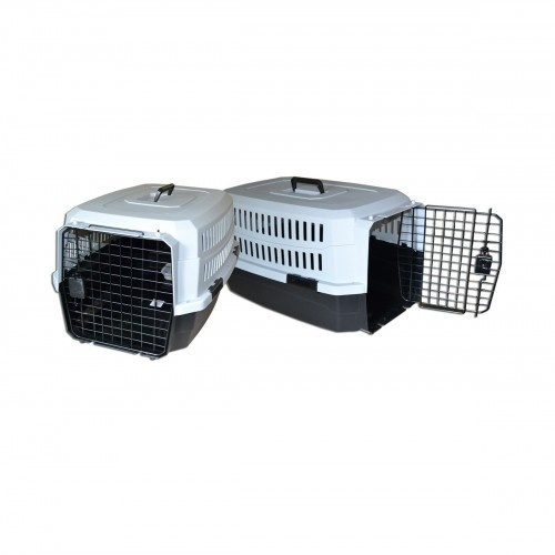 Transportadora para animais de estimação Wuapu, em plástico cinza e preto, para cães de porte médio.