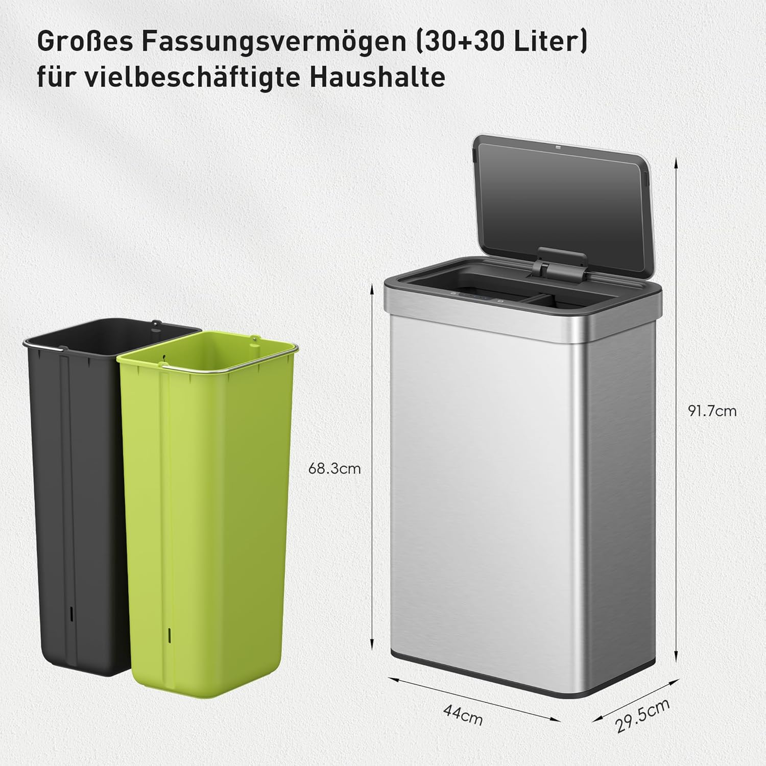 EKO NOVA Mülleimer mit Sensor, Automatischer Mülleimer 2 Fächer 2 x 30L, Abfalleimer Küche, Edelstahl, 2 Kunststoff Inneneimer, Softclose, fingerabdruckfrei, elektrischer Küchenmülleimer, 12 Müllsäcke