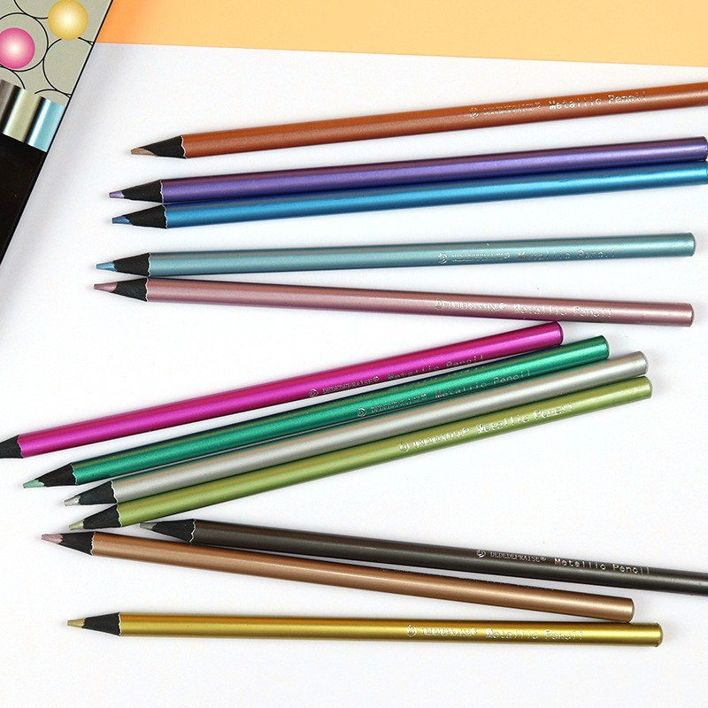 (12er Set) 17.5cm Holz Kinder Buntstifte Skizzen Farbstifte im Metallic Design - Bunt