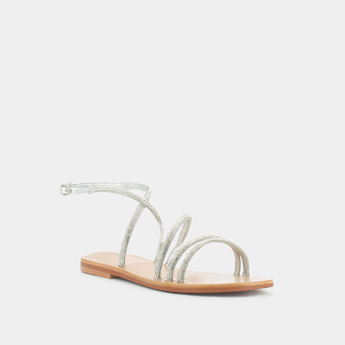 Sandales plates à brides et lanières  en cuir et strass argent