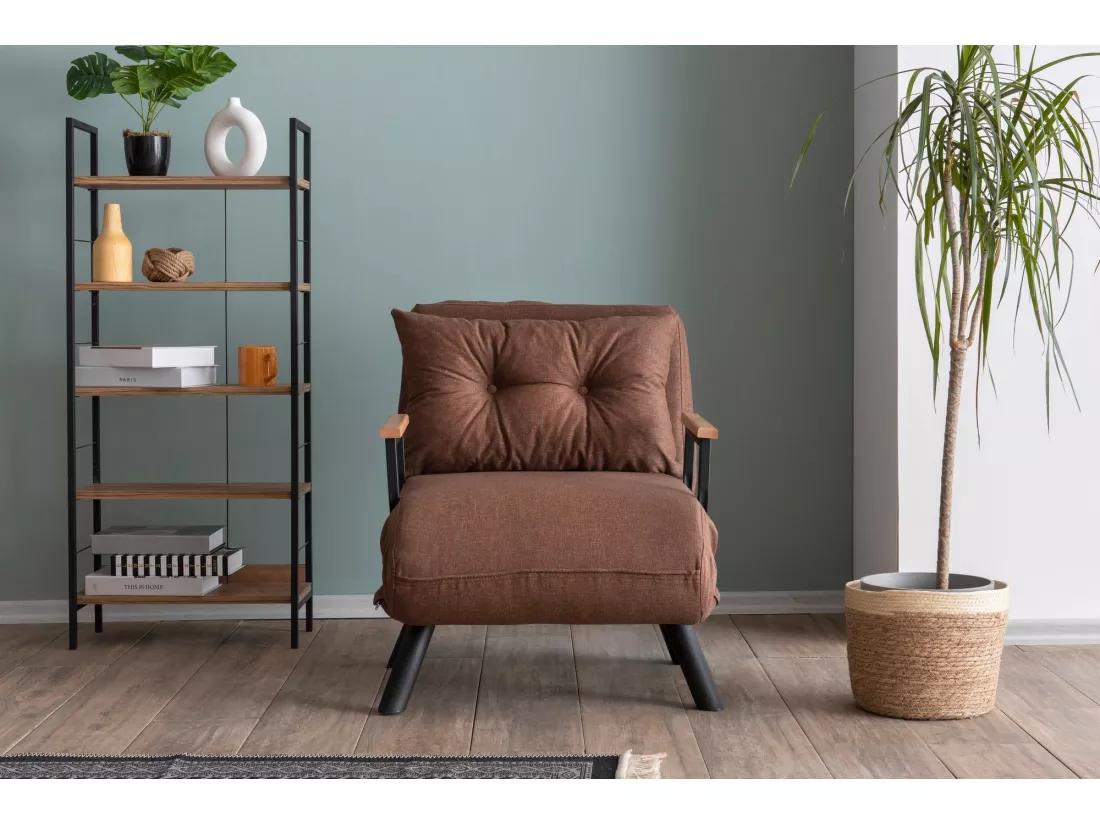 Fauteuil convertible Yolanda Métal Noir et Lin Marron clair