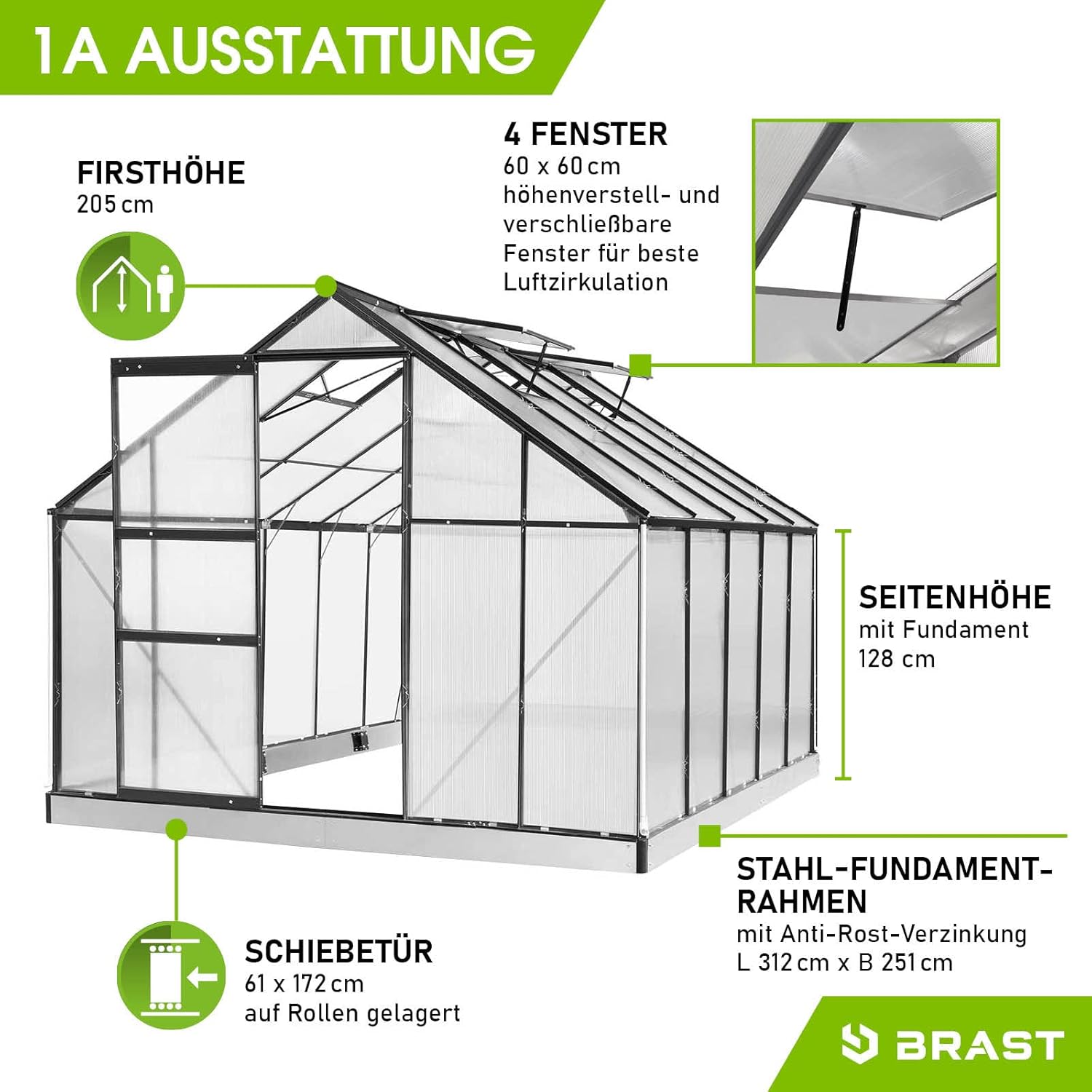 BRAST Gewächshaus Aluminium mit Fundament | 42 Modelle | 130x190x195cm - 490x250x235cm | TÜV geprüft | 6mm Hohlkammerplatten | rostfrei wetterfest temperaturbeständig | 310x250x205cm Grau