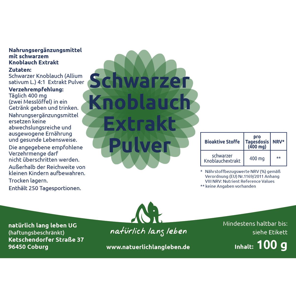 natürlich lang leben Schwarzer Knoblauch Extrakt Pulver