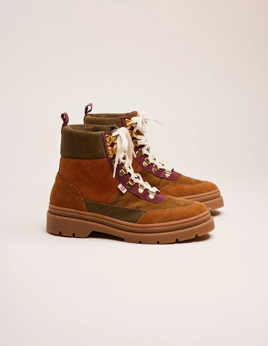 Bottines à lacets Joelle - Suède et velours cognac bordeaux
