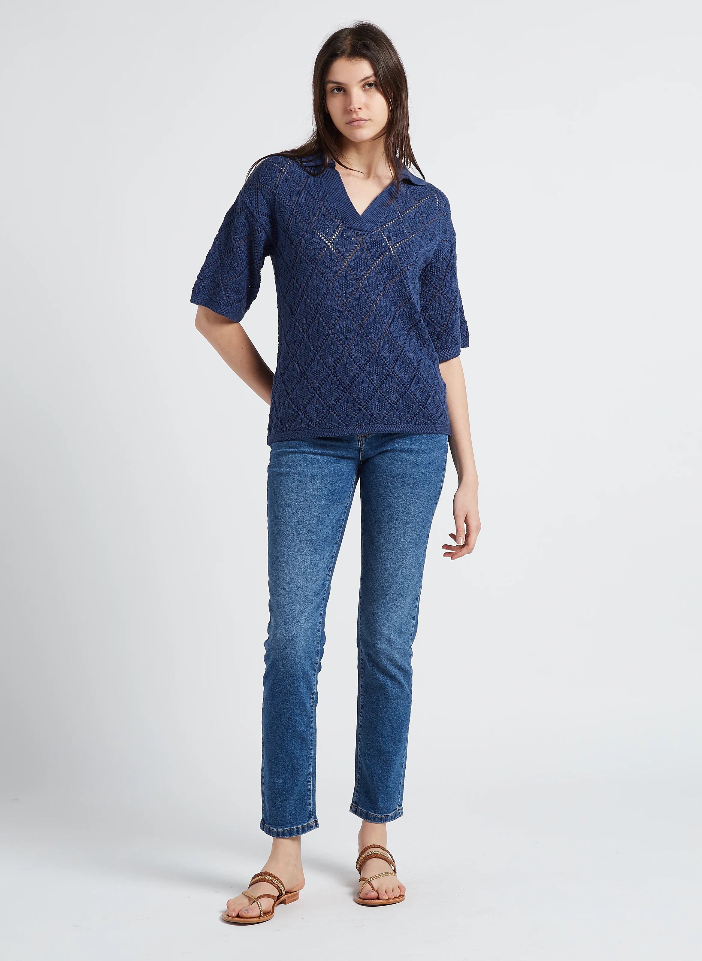 Jean droit taille mi-haute en denim de coton| Bleu