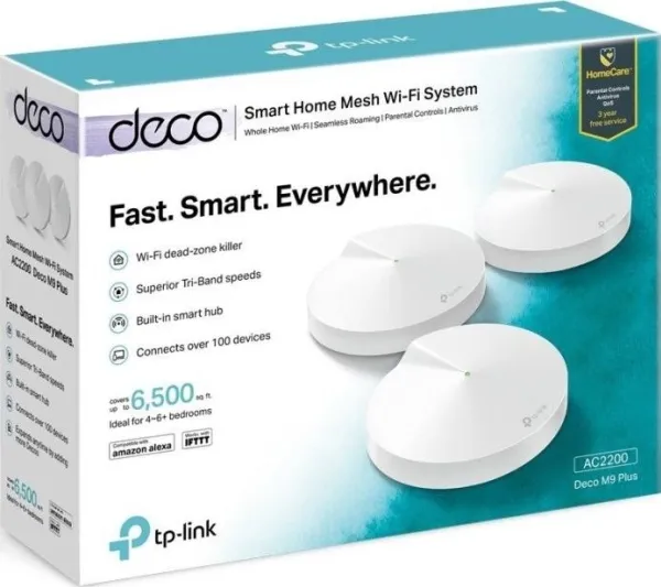 TP-Link Deco M9 Plus - Wi-Fi-system (3 routere) - op til 6750 sq.ft - mesh - GigE - 802.11a/b/g/n/ac, Bluetooth 4.2, ZigBee Home Automation 1.2 - Tri-Band