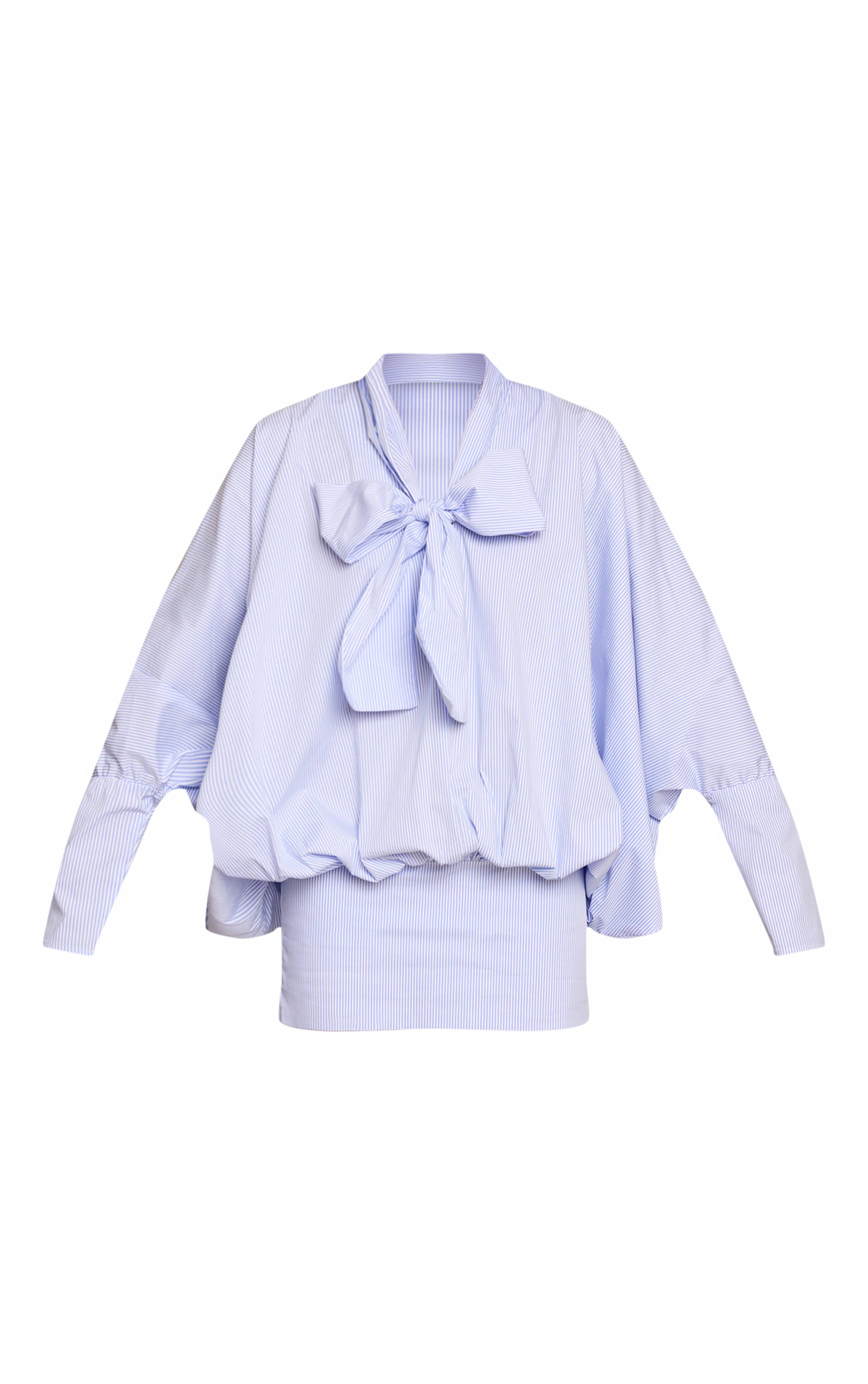 Bleu Robe Chemise Ample À Rayures Fines Avec Détail Nœud