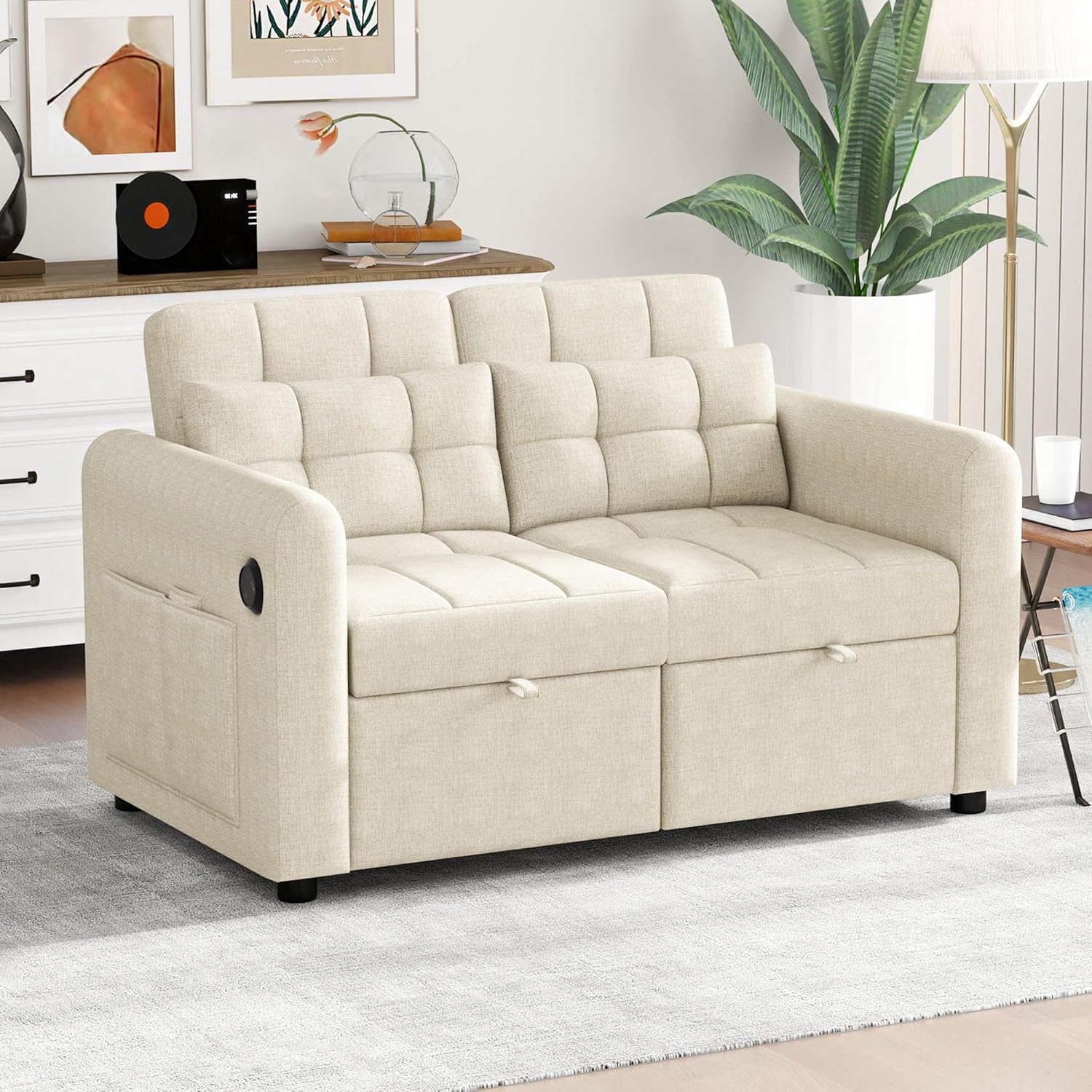 Modernes Doppel-Klappschlafsofa, 2-Sitzer Ausziehsofa mit Schlaffunktion, mit verstellbare Rückenlehne&Armlehnentaschen und Kissen, USB-Ladeanschluss, für Wohnzimmer Schlafzimmer Büro (Beige C)