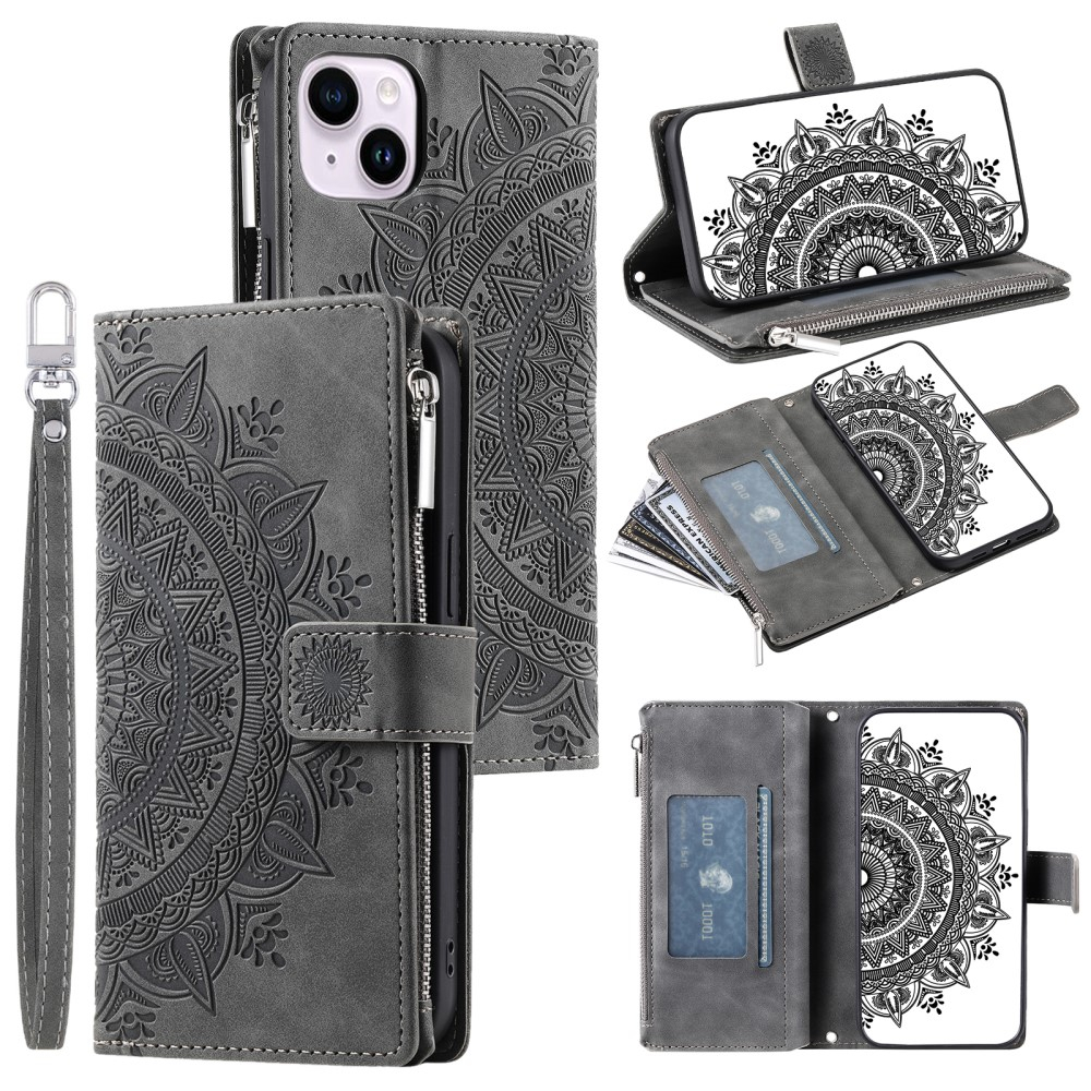 iPhone 15 Leder Tasche Flip Cover mit Reissverschluss - Mandala Flowers Imprint - Grau