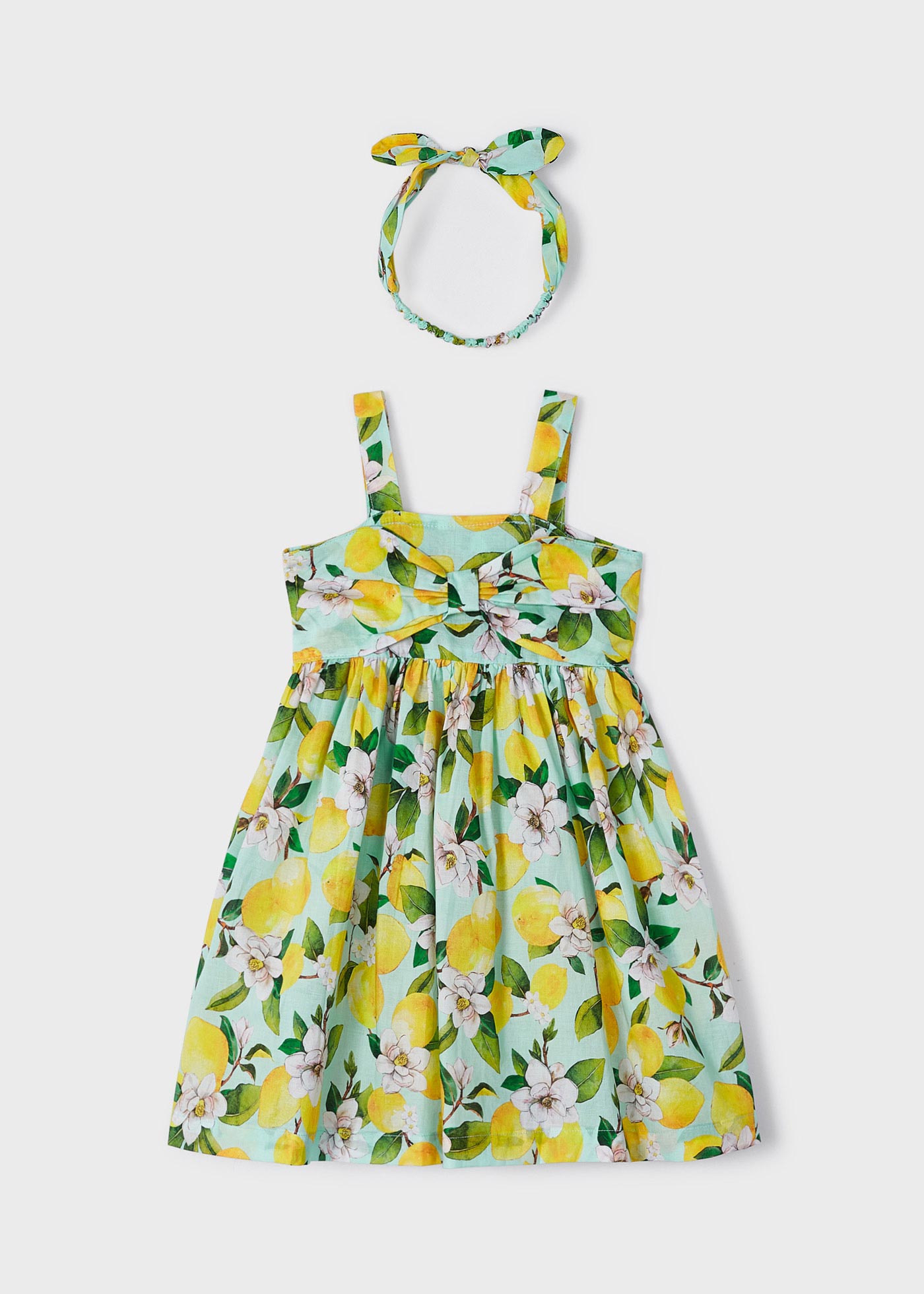 Vestido estampado com faixa de cabelo elástica de algodão para meninas