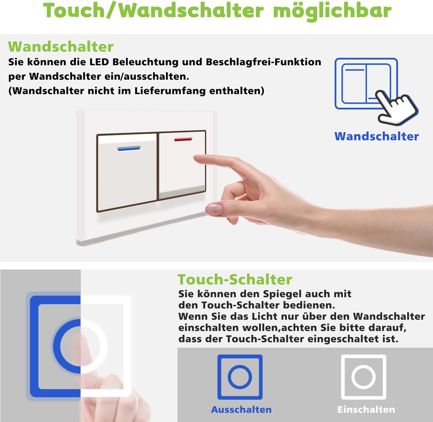 Badspiegel 80×55cm Spezial Rund 3 Lichfarbe dimmbar Memory Wand/Touchschalter Anti-Beschlag Badezimmerspiegel mit LED Beleuchtung Spiegel Warm/Neutral/Kaltweiß Energiesparend Lichtspiegel IP44