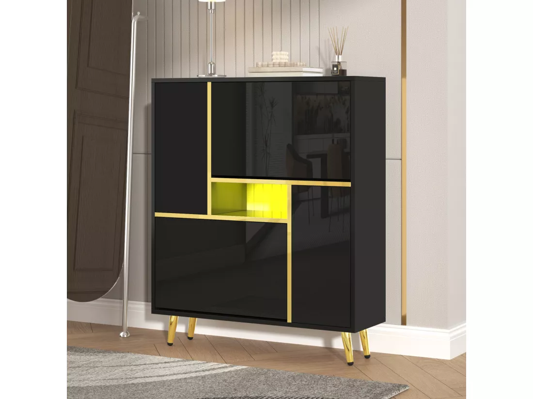 Meuble à chaussures avec façade brillante - 80 x 25 x 96 cm - LEDs - Panneaux de particules - Noir