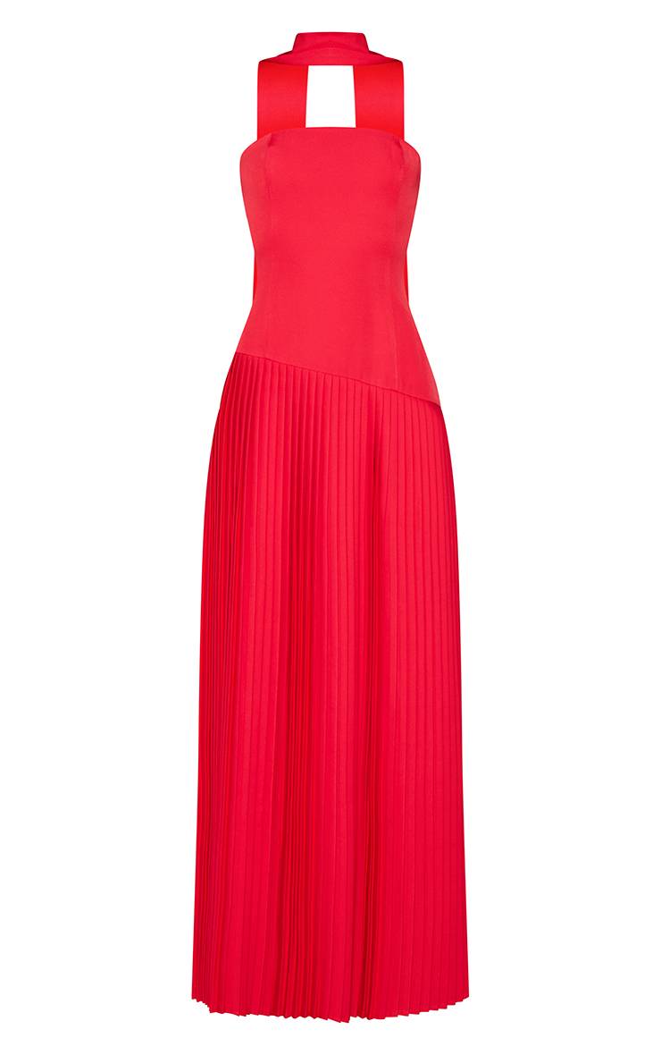 Rouge Robe Maxi Plissée Asymétrique En Tissu Tissé