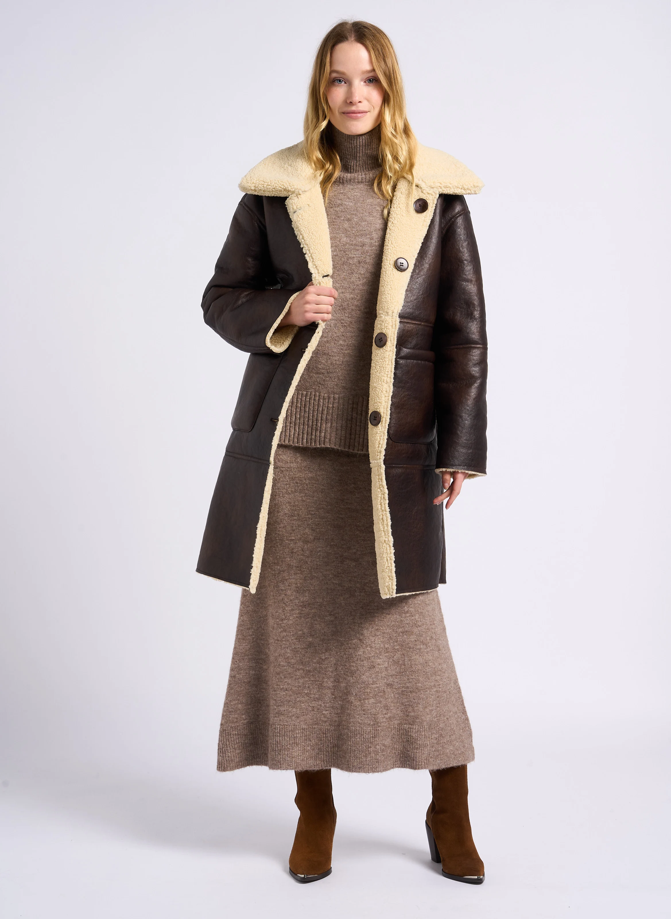 FALBA - Jupe midi droite en maille | Beige