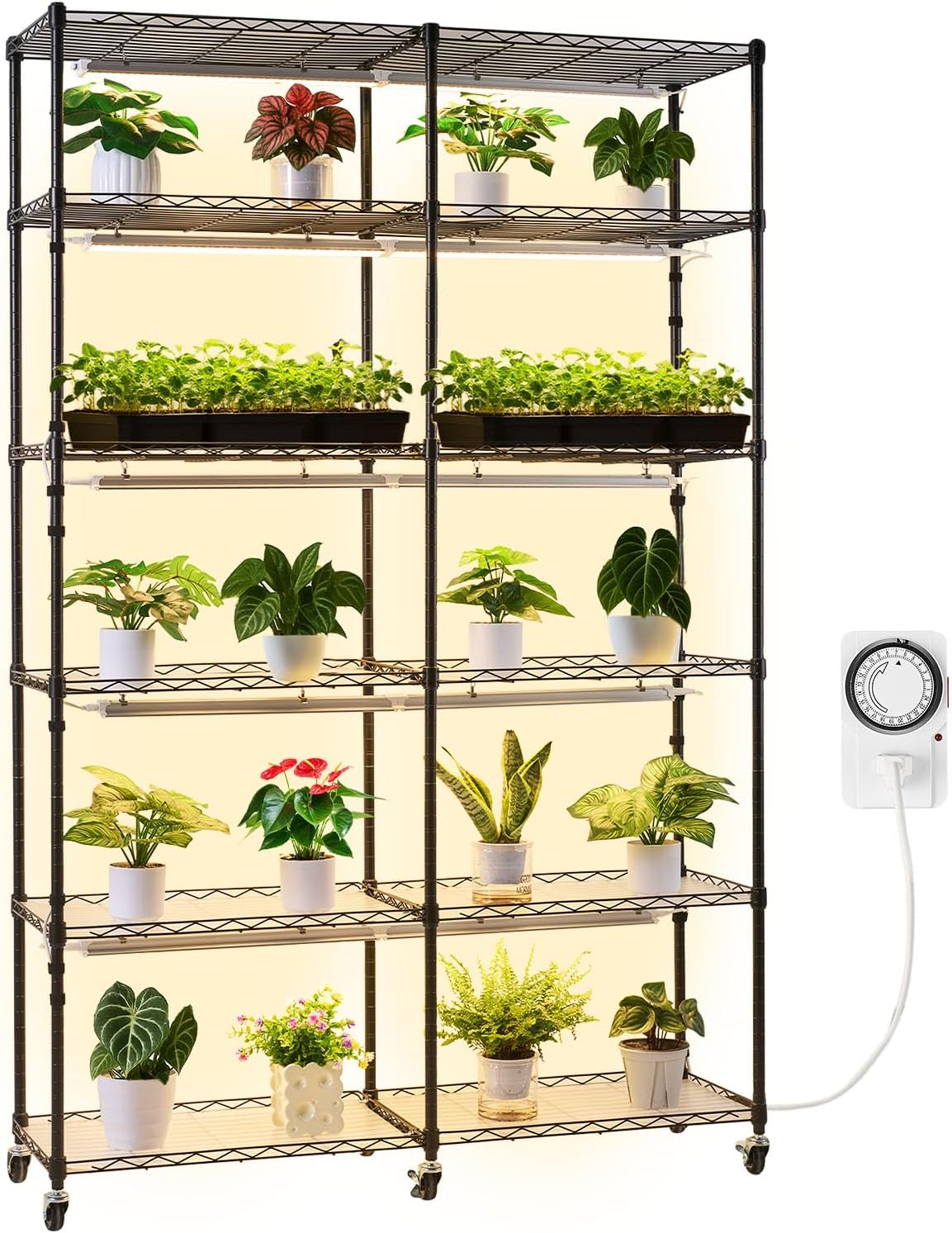 VEVOR Pflanzenregal mit Wachstumslicht, 6-stufiger doppelreihiger Pflanzenständer für Zimmerpflanzen mit Rädern & Timer, 200-W-Vollspektrum-Lichter, Blumenregal für Samenanzucht, 120x35x180cm