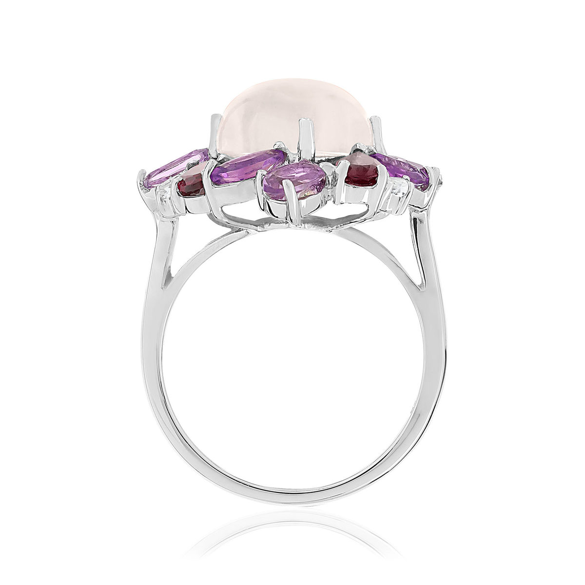 Bague or 750 blanc fleur quartz rose et pierres fines