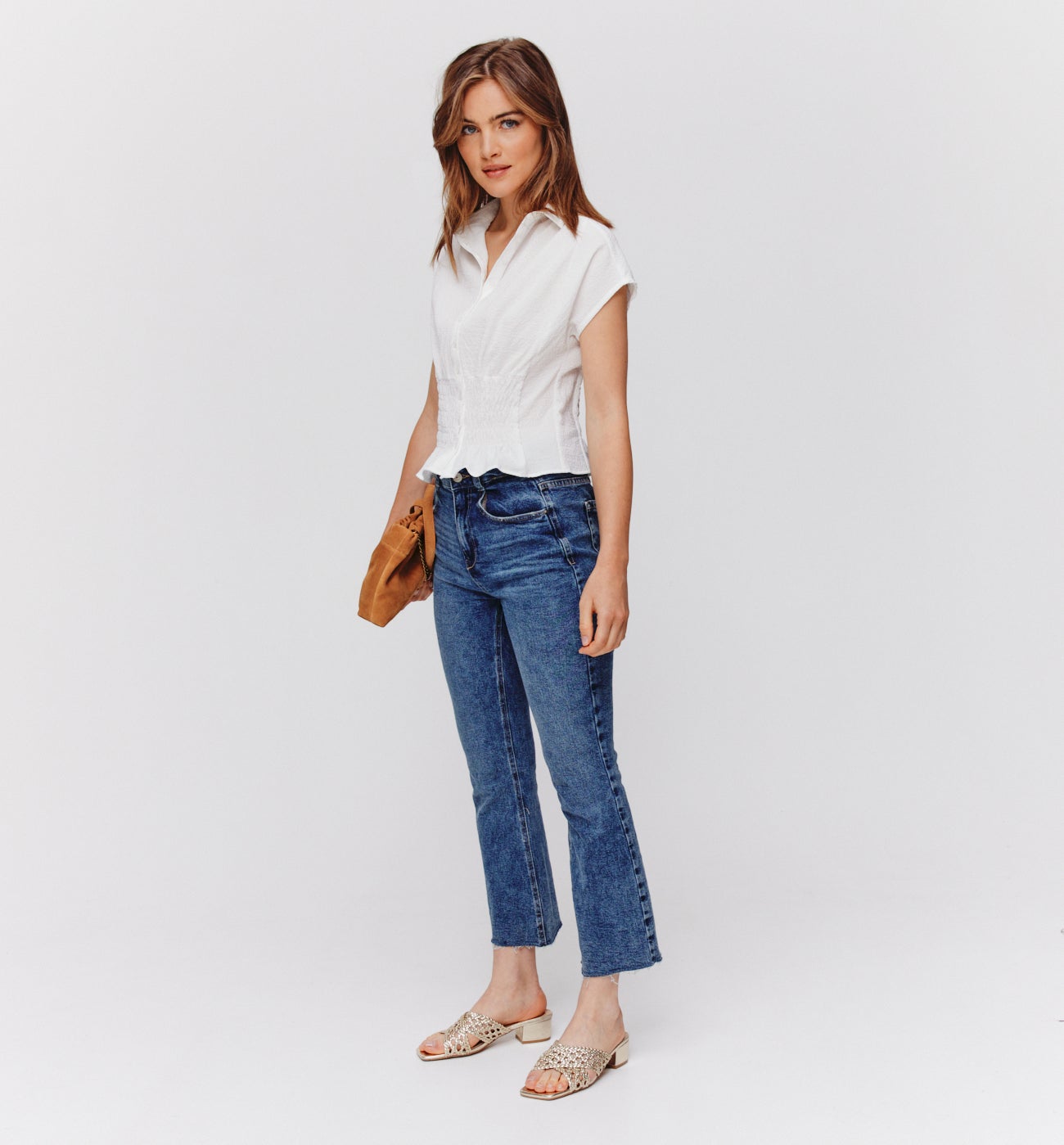Chemise crêpée smockée Femme - Ecru