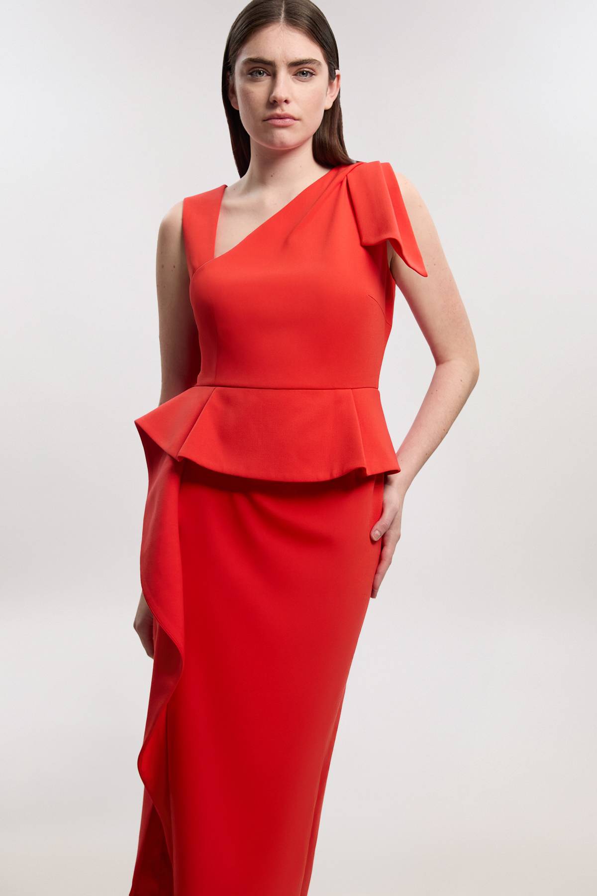 KarenMillen Robe Midi Crayon Ceinturée À Basque Volantée En Maille Stretch Compacte