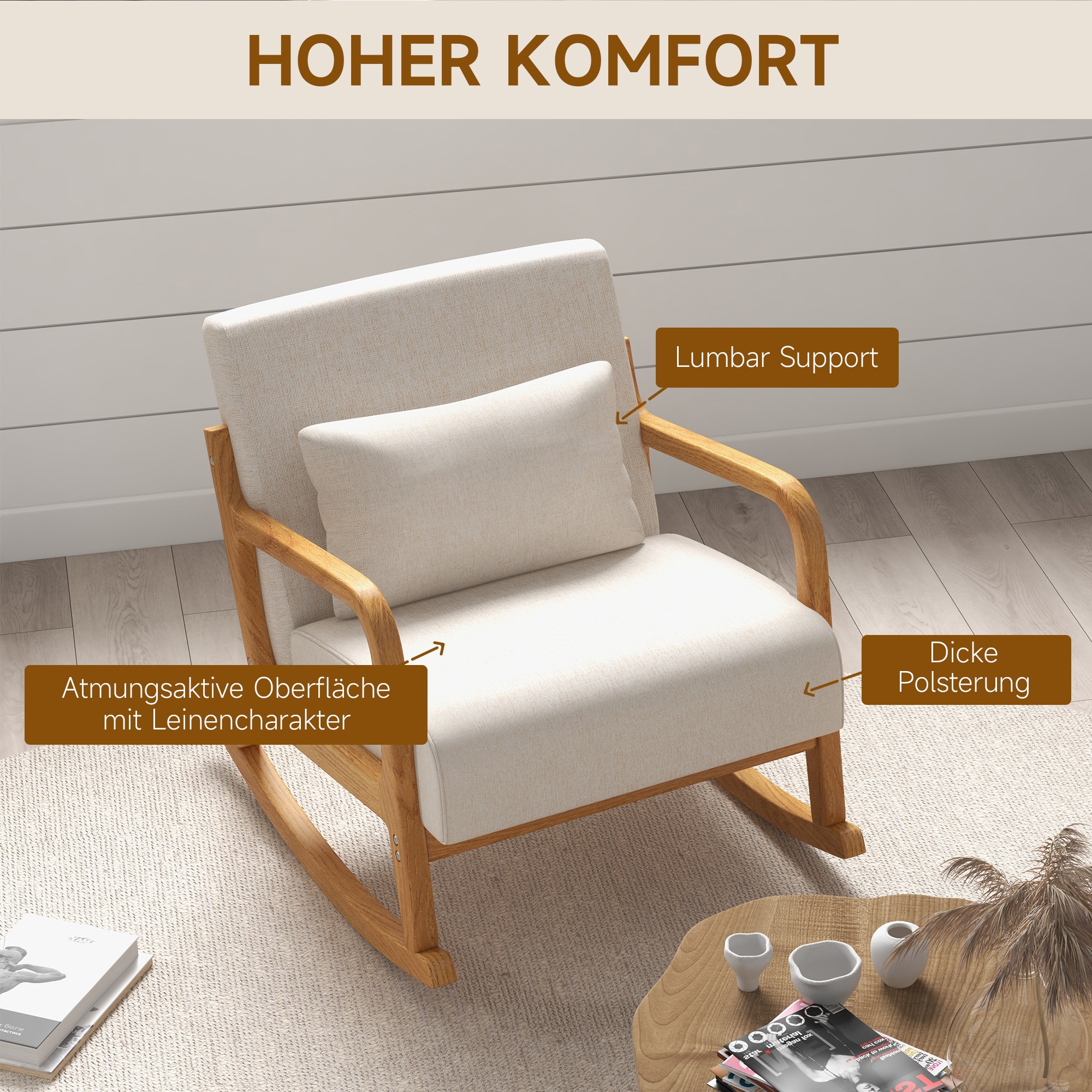 HOMCOM Schaukelstuhl mit Kissen weiß 64,5L x 92B x 81,5H cm
