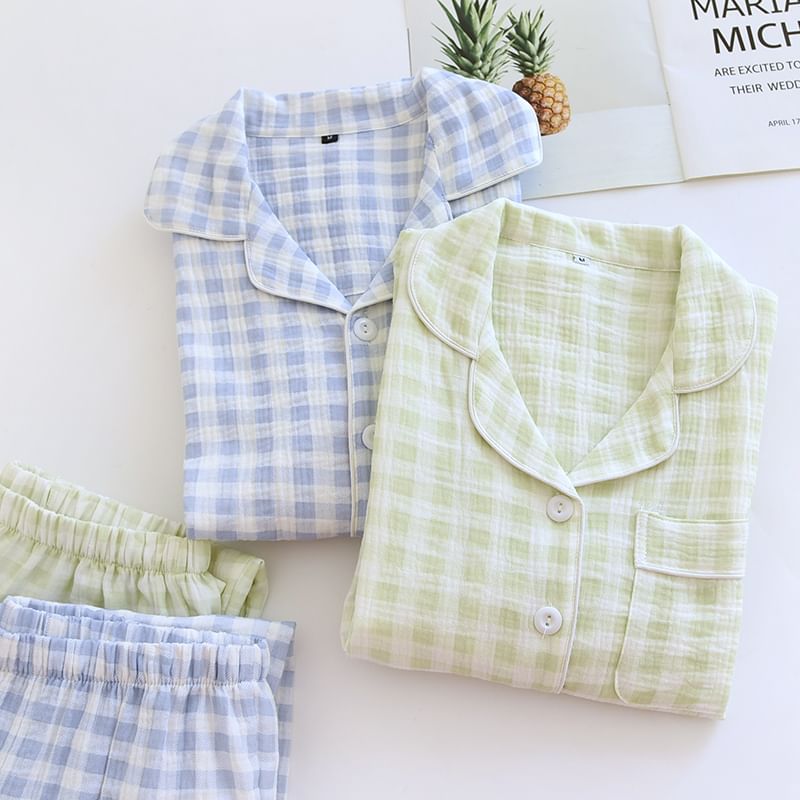 MelMount - Bijpassende pyjamaset voor koppels: top met lange mouwen, reverskraag, geruite knoopsluiting en broek (verschillende ontwerpen)